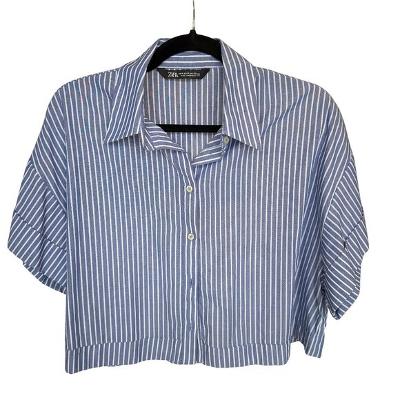 ZARA Striped Cropped Collared Button Down Top Size Medium - Picture 1 of 3